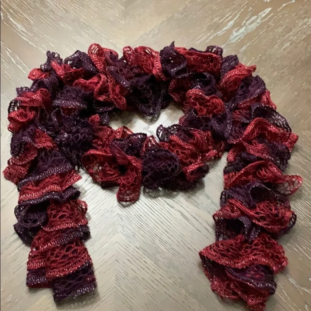 Deep red, plum & silver hand crocheted scarf